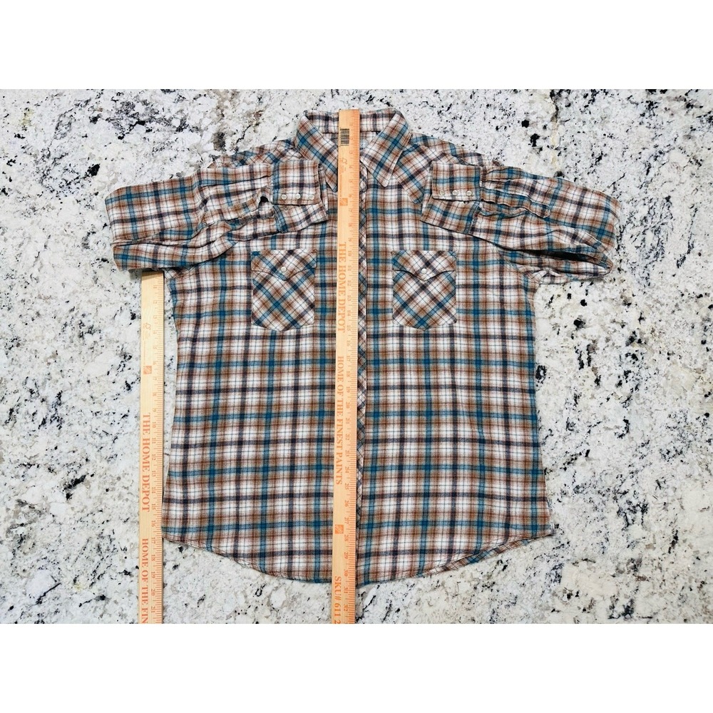 NWOT Wrangler Western Pearl Snap Flannel‎ Shirt Men's XL Brown Blue Plaid - Picture 4 of 11